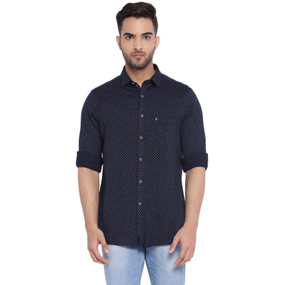 Turtle Men Navy Blue Knitted Checked Ultra Slim Fit Shirts