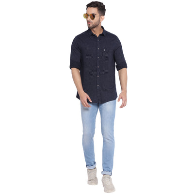 Turtle Men Navy Blue Knitted Checked Ultra Slim Fit Shirts
