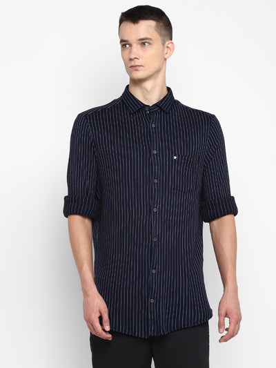 Turtle Men Navy Knitted Striped Ultra Slim Fit Shirts