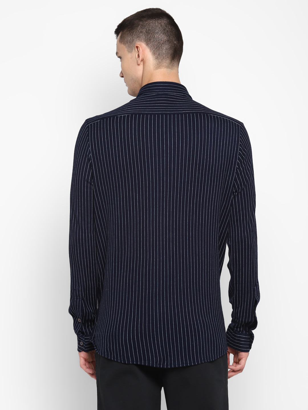 Turtle Men Navy Knitted Striped Ultra Slim Fit Shirts