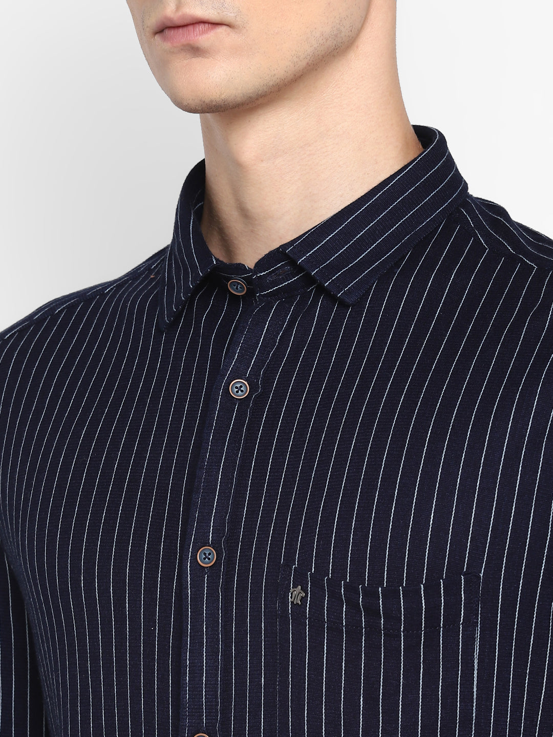 Turtle Men Navy Knitted Striped Ultra Slim Fit Shirts