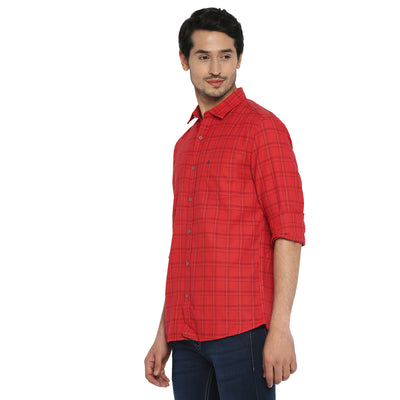 Cotton Red Checkered Slim Fit Casual Shirt
