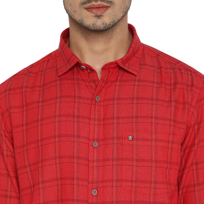 Cotton Red Checkered Slim Fit Casual Shirt