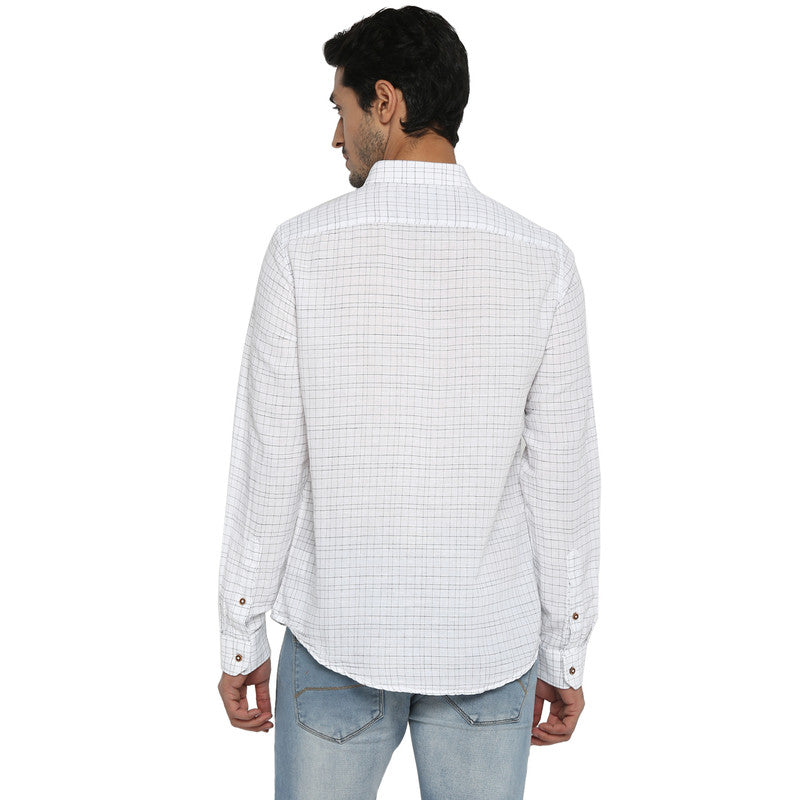 Turtle Men Cotton Linen White Checkered Slim Fit Shirts