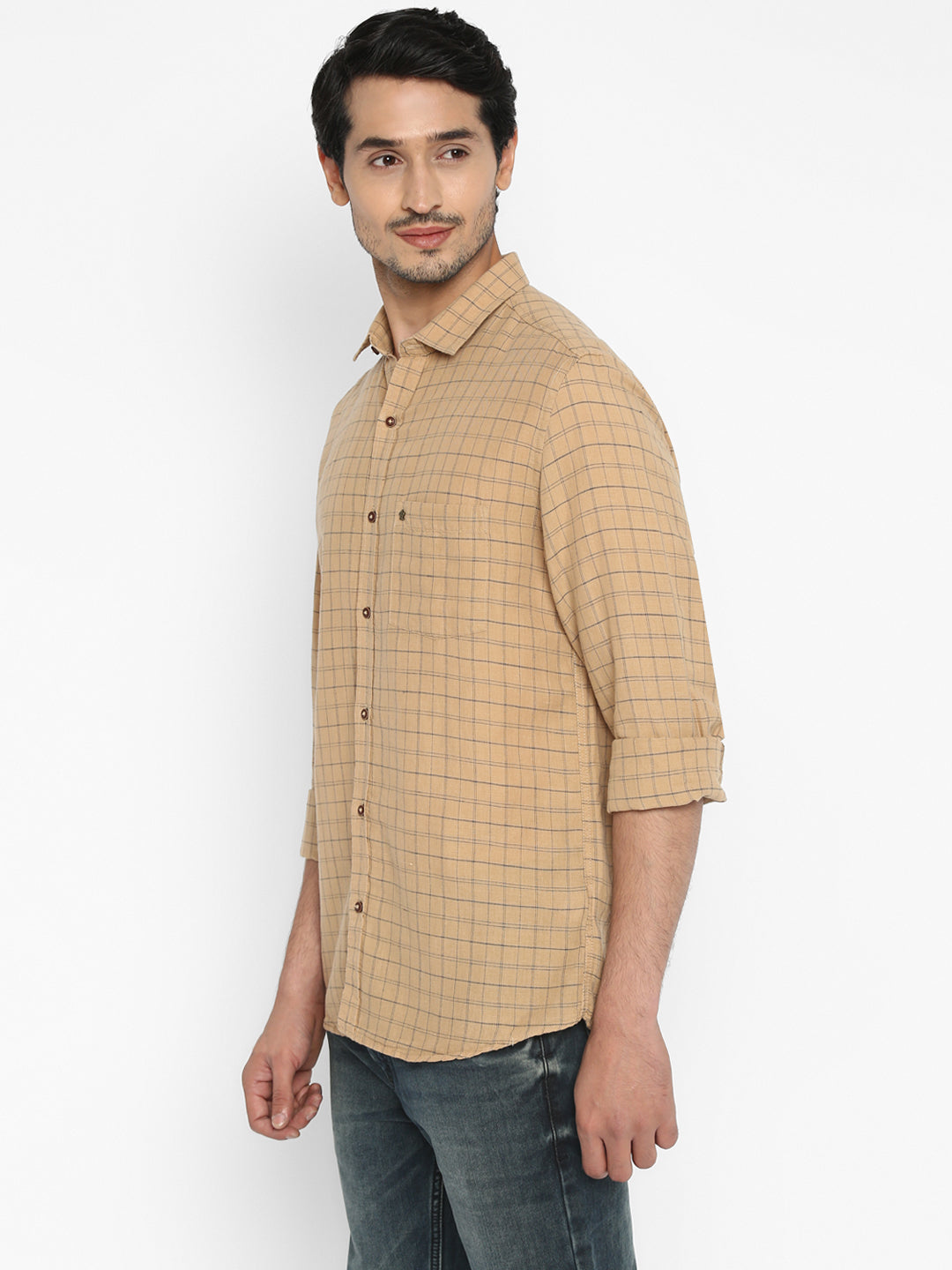 Cotton Linen Khaki Checkered Slim Fit Casual Shirt