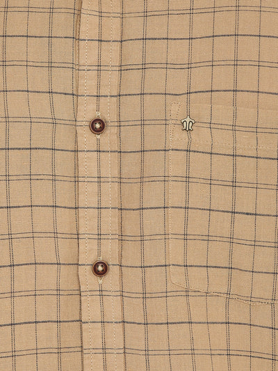 Cotton Linen Khaki Checkered Slim Fit Casual Shirt