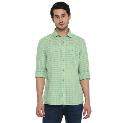Cotton Linen Green Checkered Slim Fit Casual Shirt