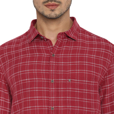 Turtle Men Cotton Linen Red Slim Fit Checkered Shirts