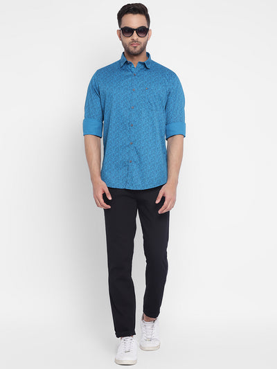 Cotton Blue Printed Slim Fit Casual Shirt