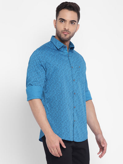 Cotton Blue Printed Slim Fit Casual Shirt