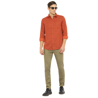 Turtle Men Orange Cotton Printed Slim Fit Shirts