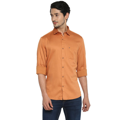 Cotton Orange Solid Slim Fit Casual Shirt