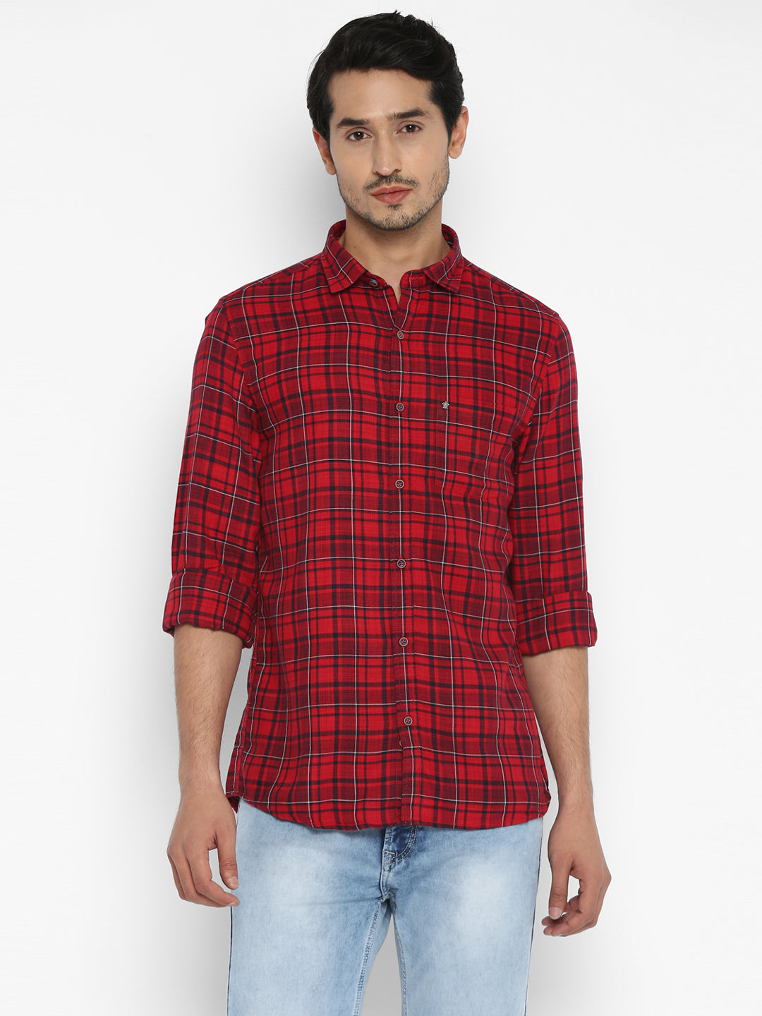 Turtle Men Cotton Blend Red Slim Fit Checkered Shirts
