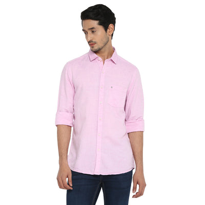Turtle Men Cotton Linen Pink Slim Fit Solid Shirts