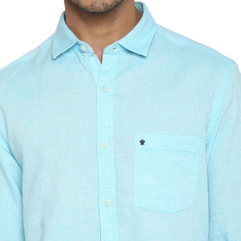 Cotton Linen Blue Solid Slim Fit Casual Shirt