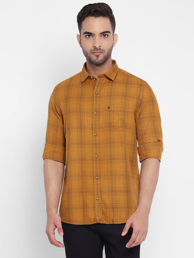 Yellow Cotton Checked Slim Fit Shirt
