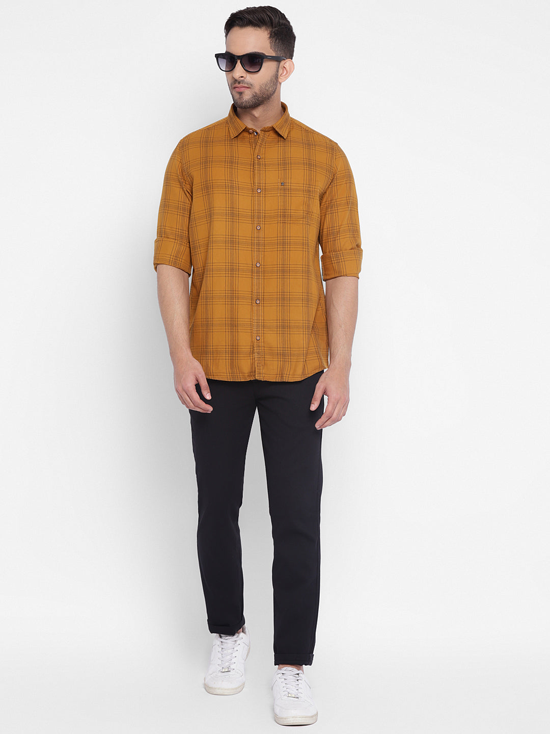 Yellow Cotton Checked Slim Fit Shirt