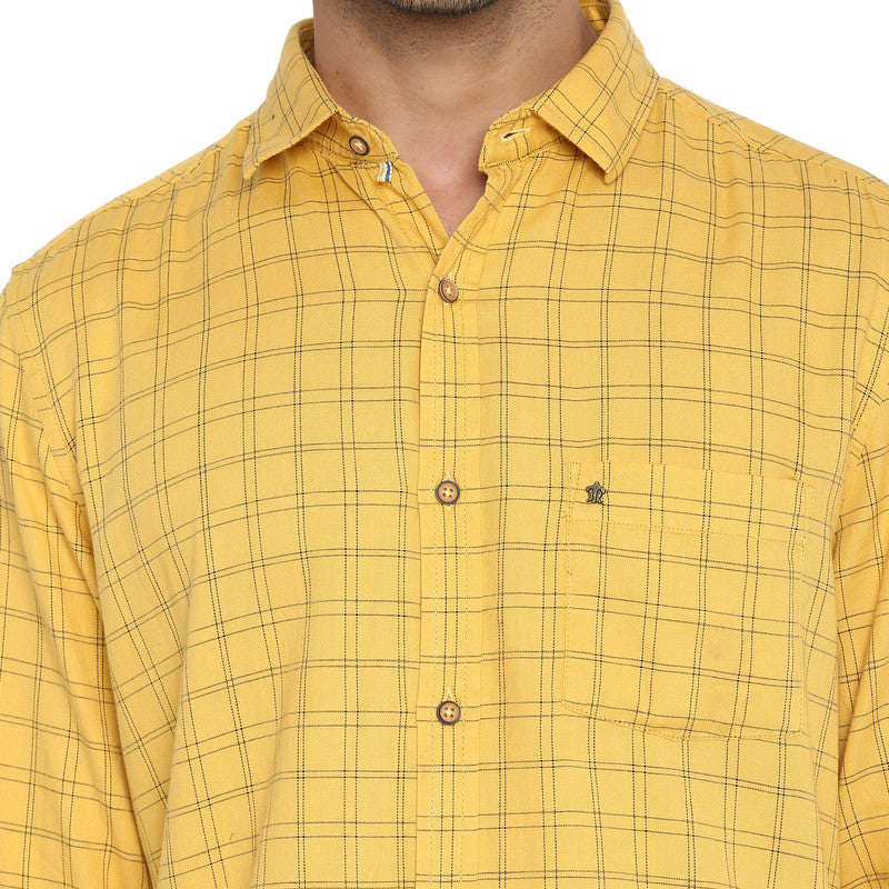 Turtle Men Cotton Yellow Slim Fit Checkered Shirts