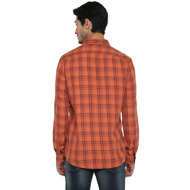 Cotton Orange Slim Fit Checkered Shirt