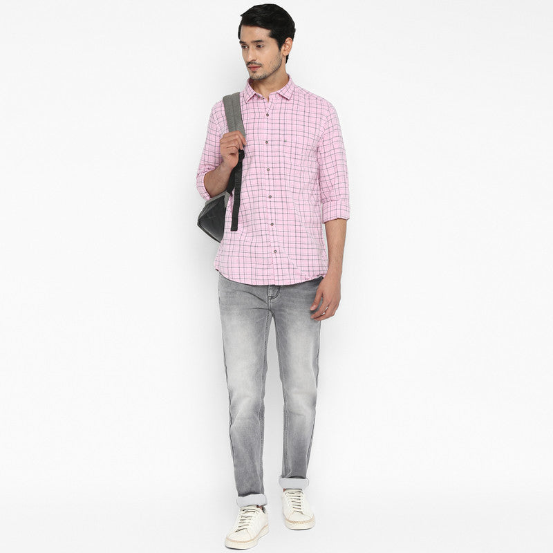 Cotton Melange Pink Slim Fit Checkered Casual Shirt