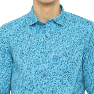 Turtle Men Blue Cotton Printed Slim Fit Shirts