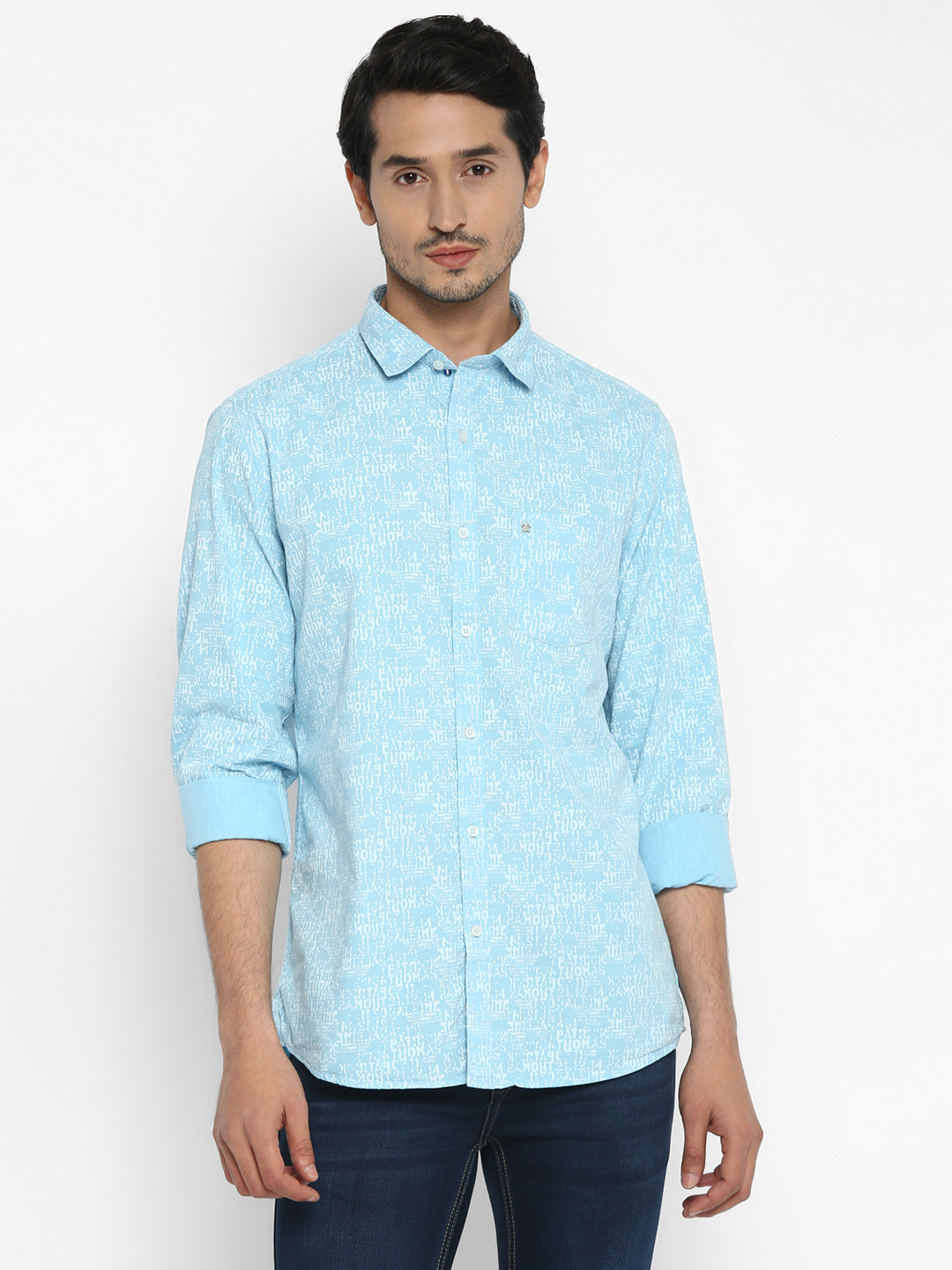 Cotton Light Blue Printed Slim Fit Shirt
