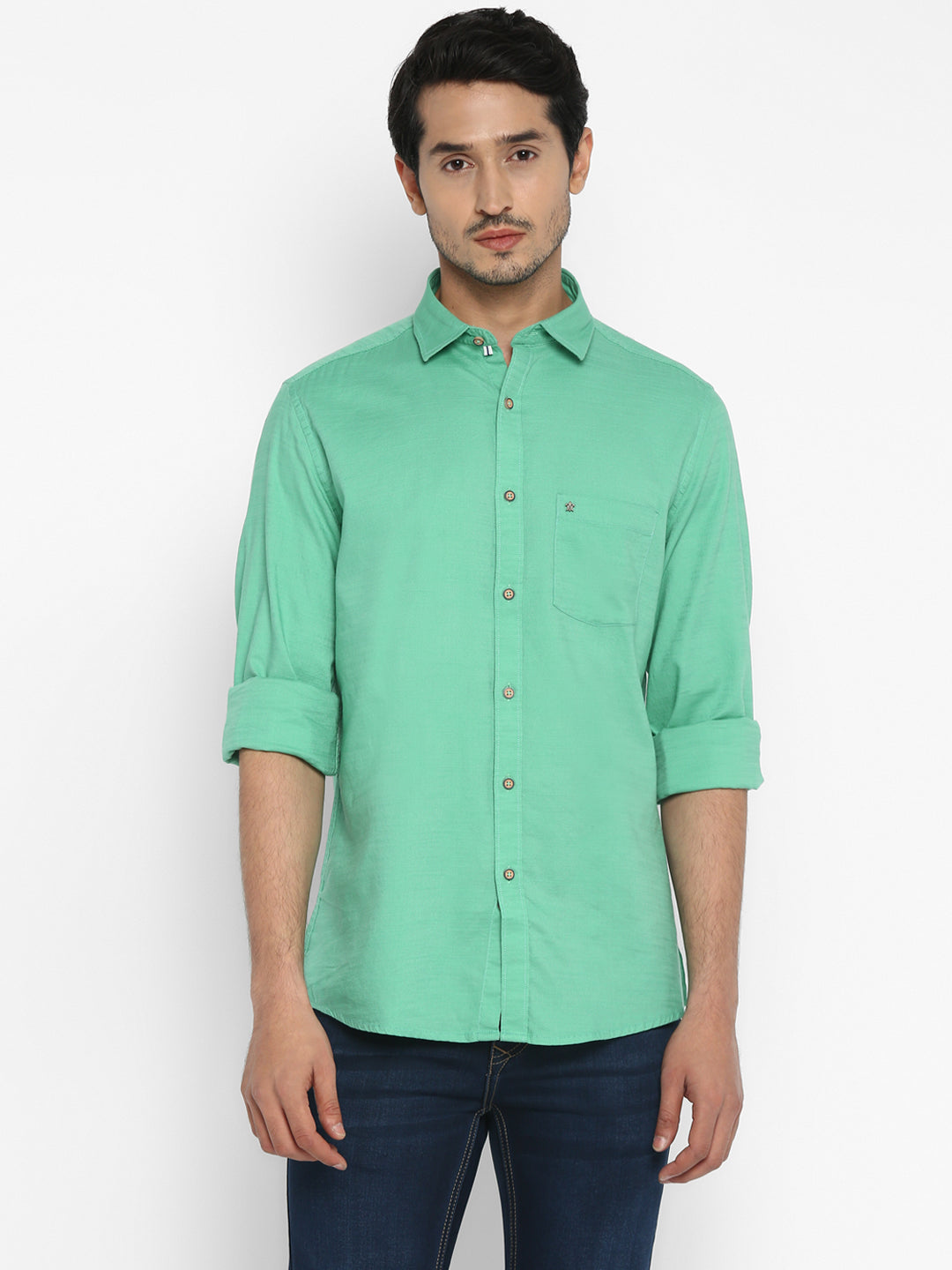 Cotton Sea Green Slim Fit Solid Casual Shirt