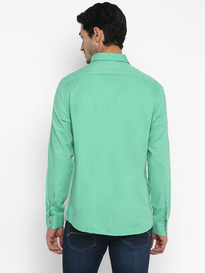 Cotton Sea Green Slim Fit Solid Casual Shirt