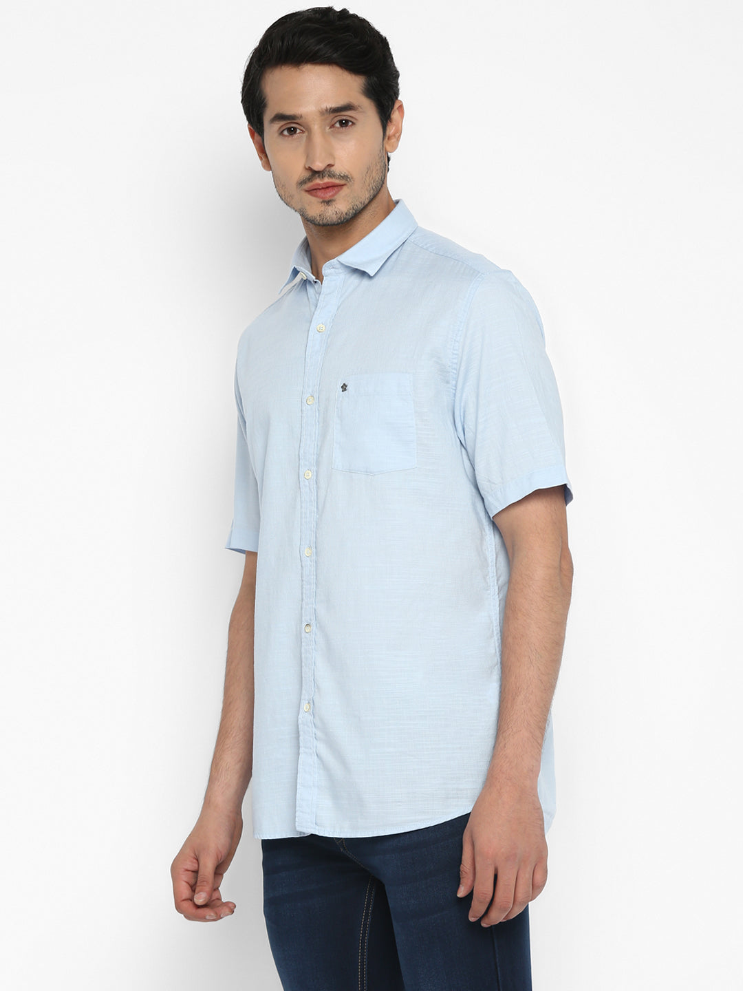Cotton Sky Blue Slim Fit Self Design Casual Shirt