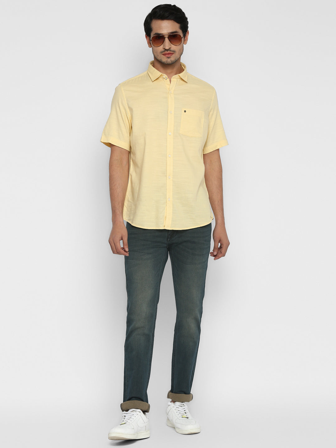 Cotton Light Yellow Slim Fit Self Design Shirt