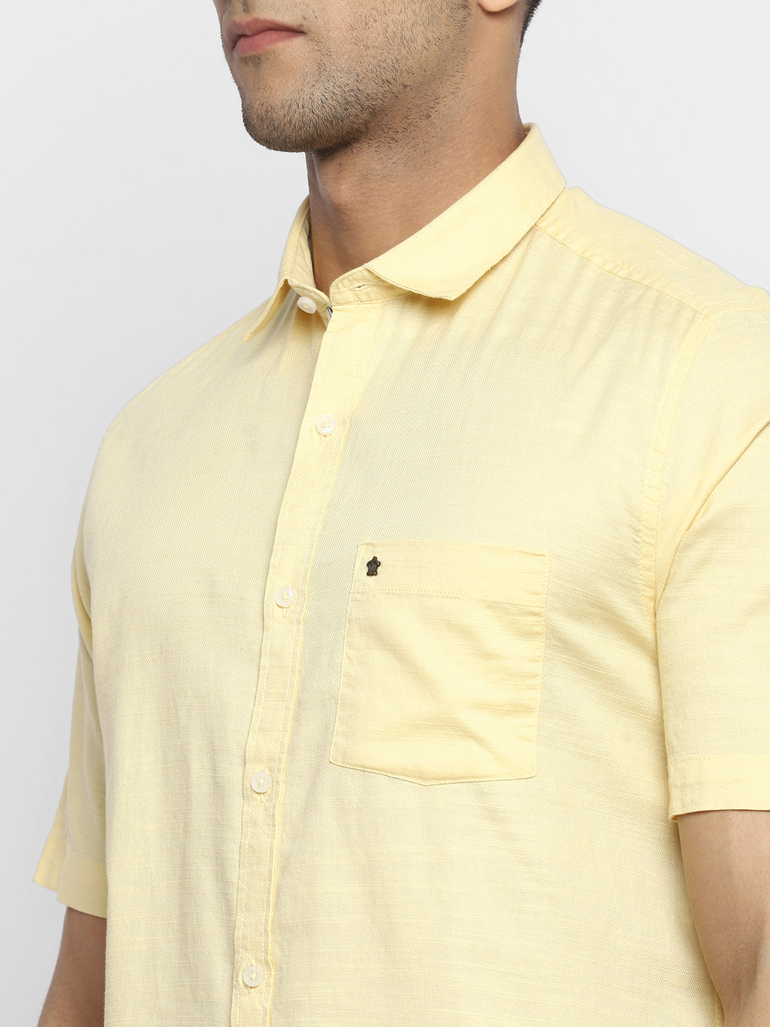 Cotton Light Yellow Slim Fit Self Design Shirt