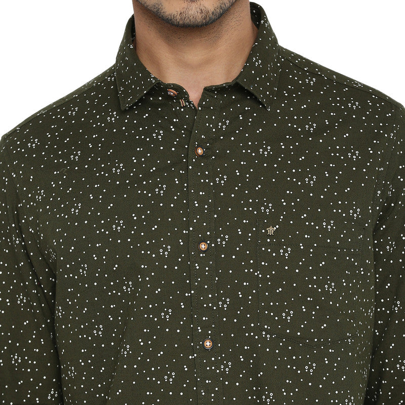 Cotton Linen Olive Printed Slim Fit Casual Shirt