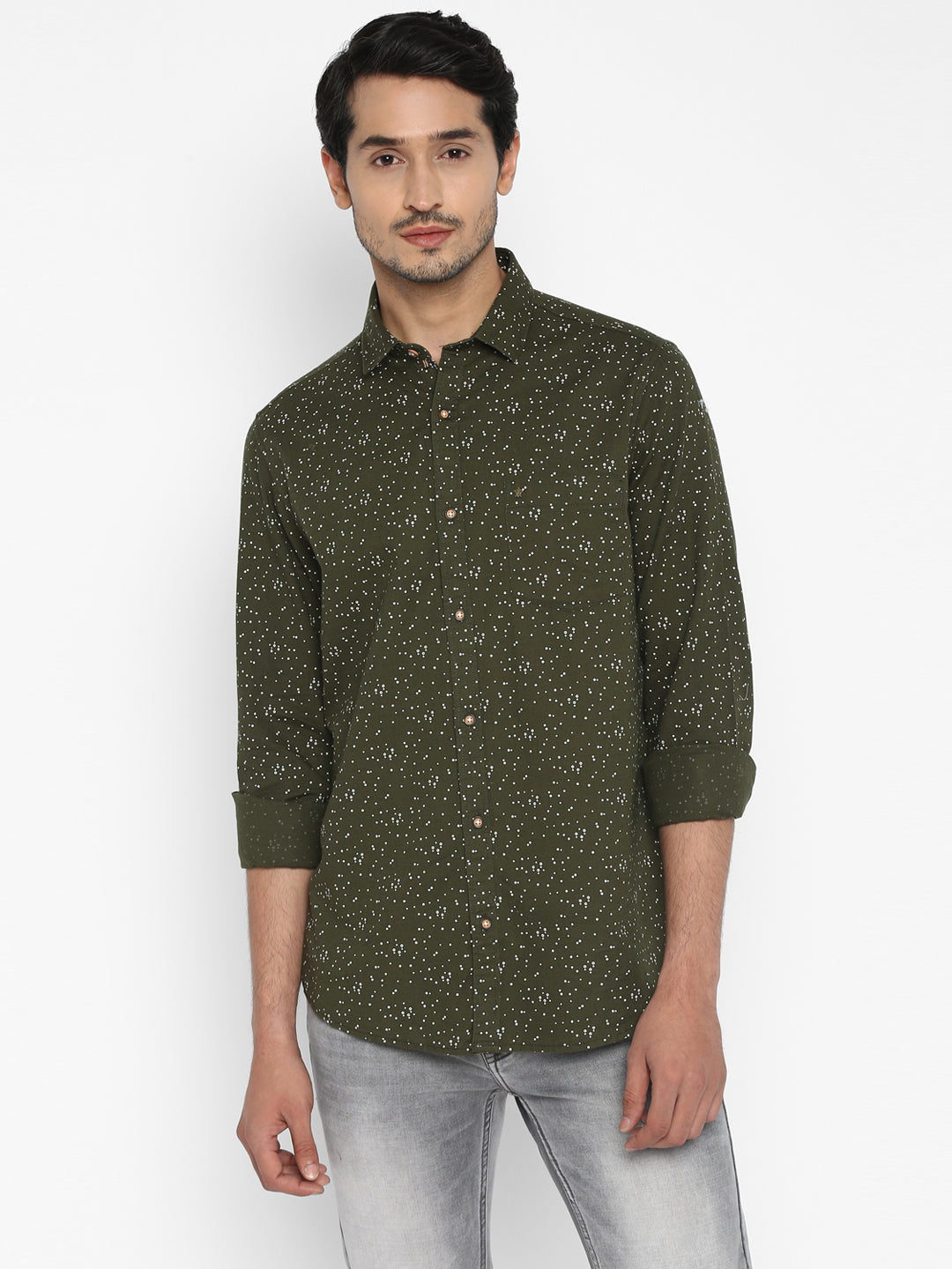 Cotton Linen Olive Printed Slim Fit Casual Shirt