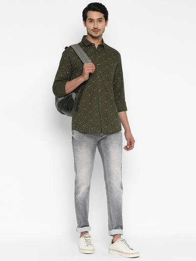 Cotton Linen Olive Printed Slim Fit Casual Shirt