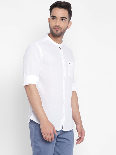 White Cotton Linen Solid Slim Fit Shirt