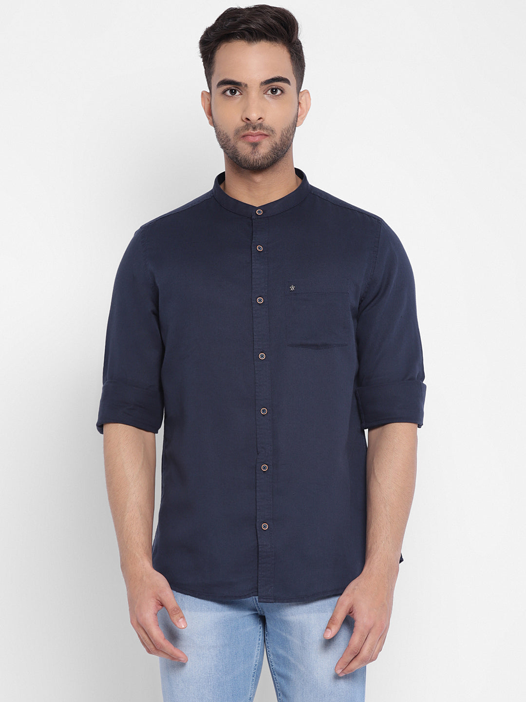 Cotton Linen Navy Blue Solid Slim Fit Casual Shirt