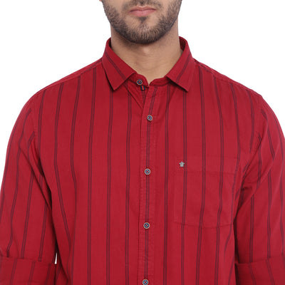 Turtle Men Red Cotton Striped Slim Fit Shirts