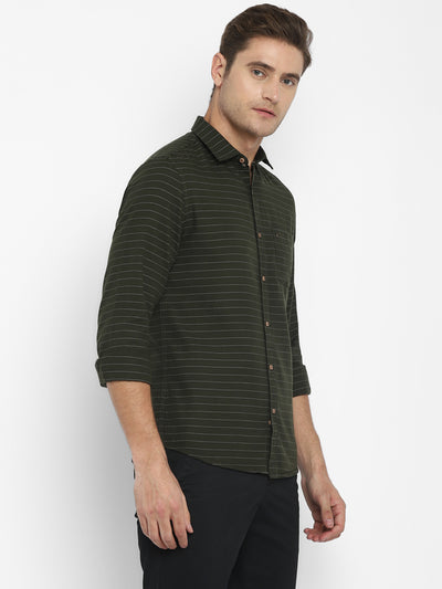 Olive Striped Cotton Slim Fit Shirt