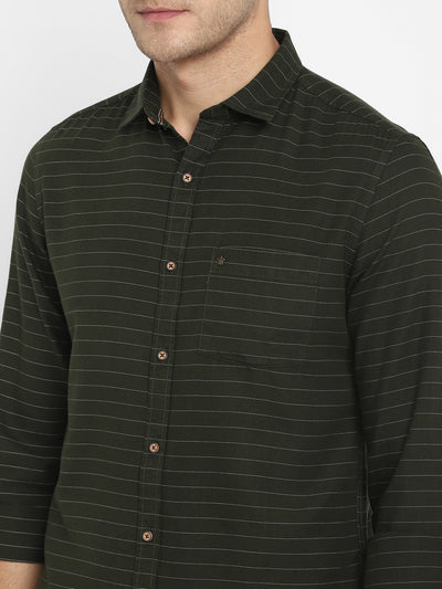 Olive Striped Cotton Slim Fit Shirt