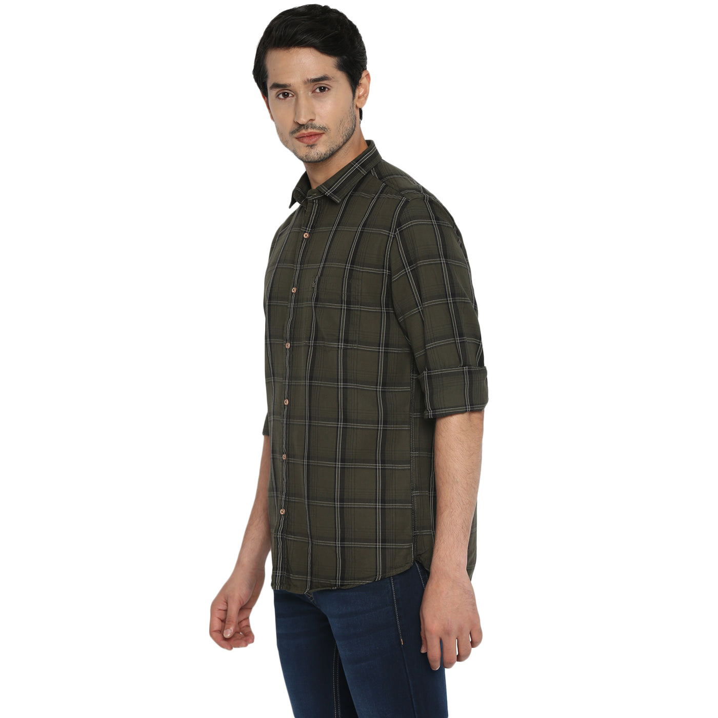 Cotton Olive Checkered Slim Fit Casual Shirt