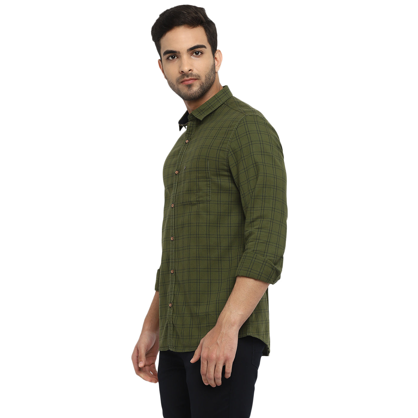 Turtle Men Green Cotton Checked Slim Fit Shirts