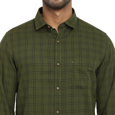 Turtle Men Green Cotton Checked Slim Fit Shirts