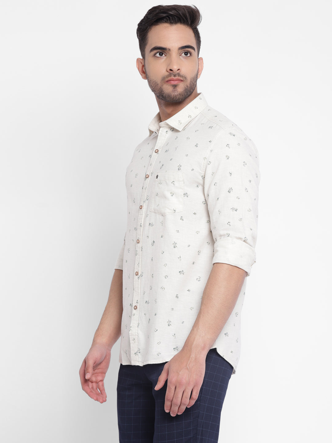 Beige Cotton Printed Slim Fit Shirt