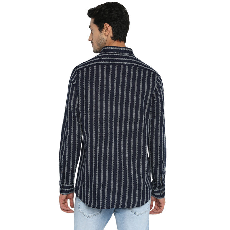 Knitted Navy Blue Ultra Slim Fit Striped Shirt