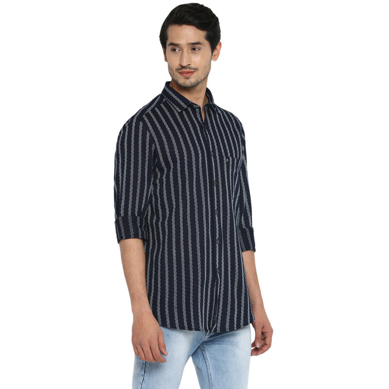 Knitted Navy Blue Ultra Slim Fit Striped Shirt
