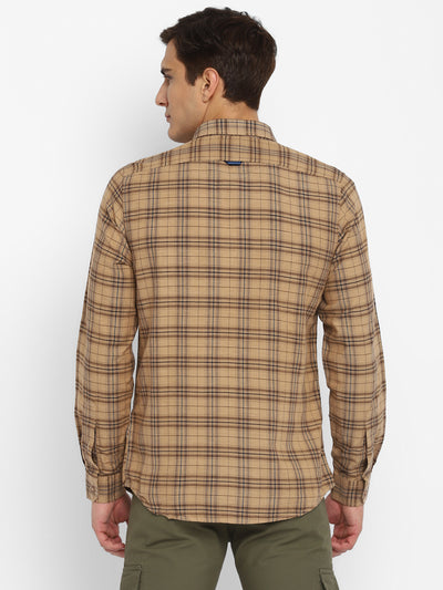 Cotton Melange Khaki Checkered Slim Fit Casual Shirt