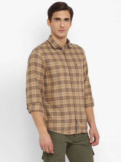 Cotton Melange Khaki Checkered Slim Fit Casual Shirt