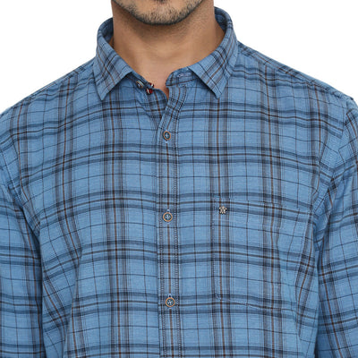 Cotton Melange Light Blue Checkered Slim Fit Casual Shirt