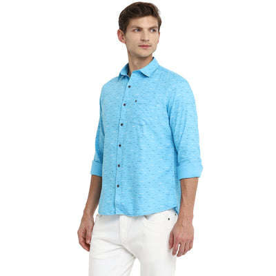 Turtle Men Aqua Blue Cotton Printed Slim Fit Shirts