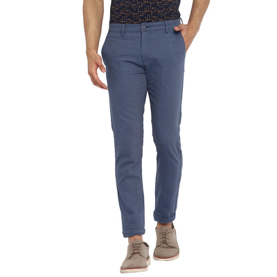 Blue Self Design Cotton Stretch Ultra Slim Fit Casual Trouser